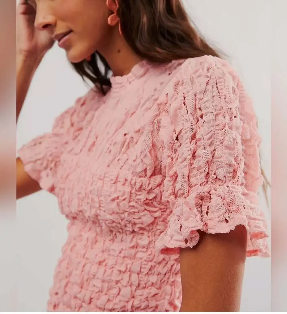 Free People Amour Lace Smocked Pink Mock Neck Short Sleeve Romantic Top S